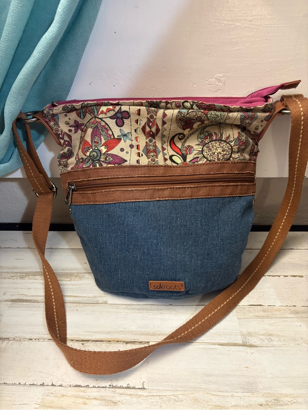 Sakroots Women's Denim & Floral Crossbody Bag in Blue and Brown Boho